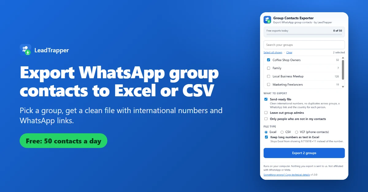 The Group Contacts Extractor & Exporter popup with two groups ticked and an Export button, beside the text Export WhatsApp group contacts to Excel or CSV