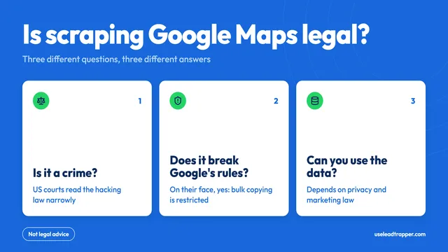 Is scraping Google Maps legal: three separate questions, hacking law, Google's terms and privacy law, each with a different answer, and a not legal advice note