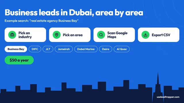 Business leads in Dubai, area by area: pick an industry, pick an area, scan Google Maps and export CSV, with example areas Business Bay, DIFC, JLT, Jumeirah, Dubai Marina, Deira and Al Quoz