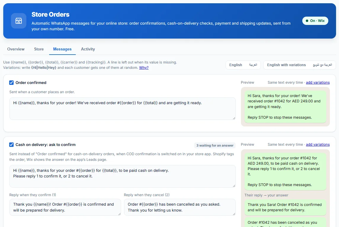 LeadTrapper Store Orders messages screen: an order confirmed template and a cash-on-delivery question with the placeholders filled in a live WhatsApp preview