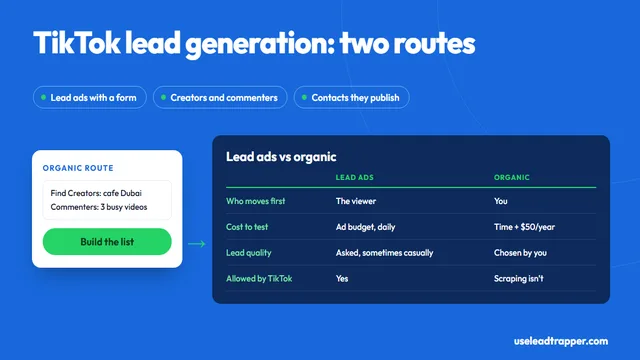 TikTok lead generation, two routes: paid lead ads with an Instant Form versus finding creators and commenters with LeadTrapper and contacting those who publish an email or WhatsApp number