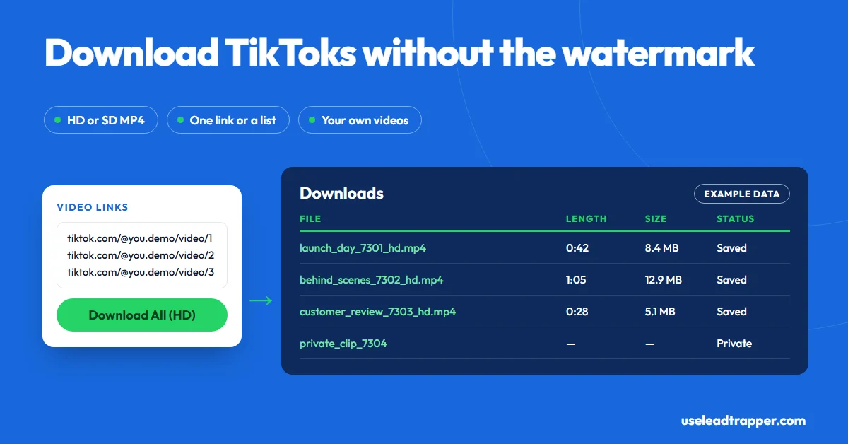TikTok video downloader without watermark: a TikTok link goes into LeadTrapper's Video Download tab, which shows the cover, creator, length and HD and SD file sizes with Download HD and Download SD buttons, example data