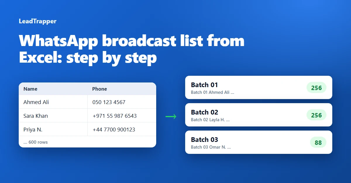 A spreadsheet of names and phone numbers on the left turned into three numbered batches of contacts on the right, ready for WhatsApp broadcast lists