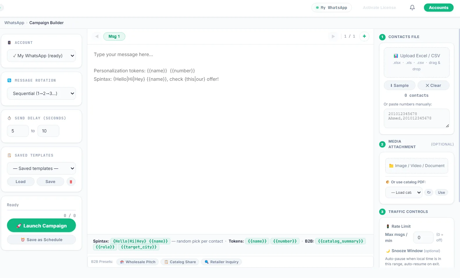 LeadTrapper Campaign Builder: account picker, message rotation, send delay of 5 to 10 seconds, a message using {{name}} and spin syntax, Excel or CSV upload, media attachment and traffic controls