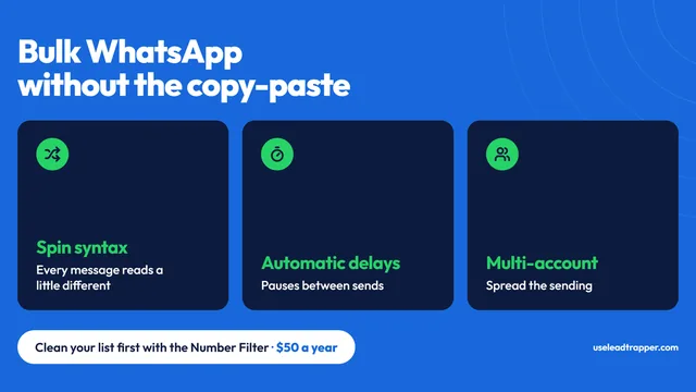 Bulk WhatsApp without the copy-paste: spin syntax, automatic delays and multi-account sending, with the Number Filter to clean your list first