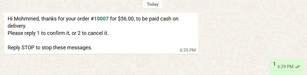 Real WhatsApp message asking the customer to reply 1 to confirm or 2 to cancel cash-on-delivery order 10007, and the customer's reply 1
