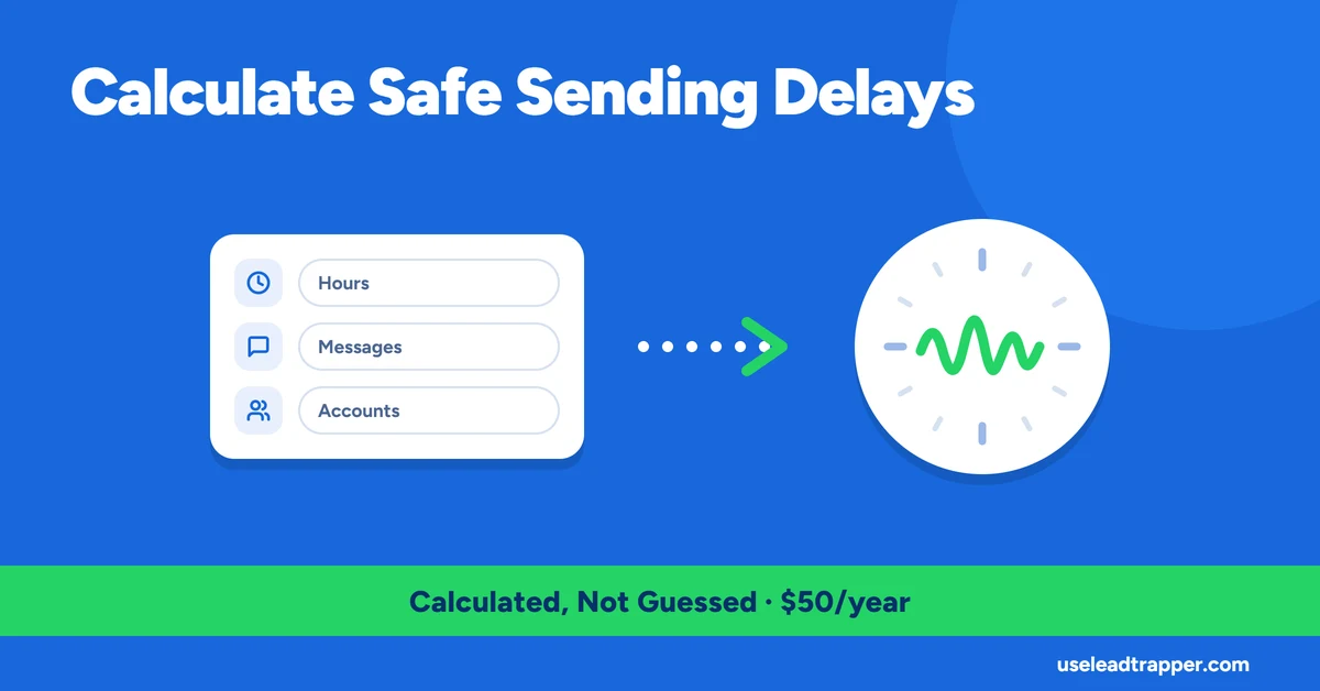 LeadTrapper WhatsApp Delay Calculator showing calculated message and batch delay ranges from campaign size inputs