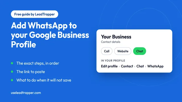 A business listing card with a Chat button that opens a WhatsApp chat, next to the wa.me link that the button uses