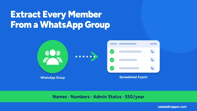 LeadTrapper WhatsApp Group Member Extractor showing group selection and exported member list with phone numbers and admin status