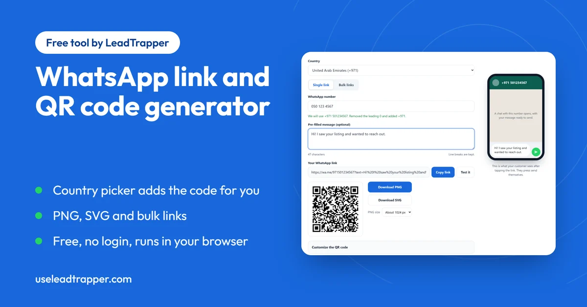 The LeadTrapper WhatsApp link generator with a country picker, a number field, a pre-filled message, the finished wa.me link and its QR code