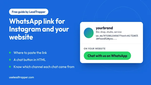 A social profile with a Chat on WhatsApp link in the bio next to a website chat button, both pointing to the same WhatsApp number