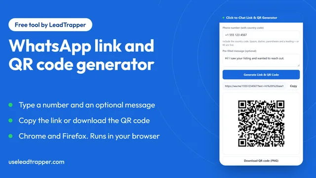 Click-to-Chat Link and QR Generator extension popup showing a wa.me WhatsApp link with a pre-filled message and its QR code
