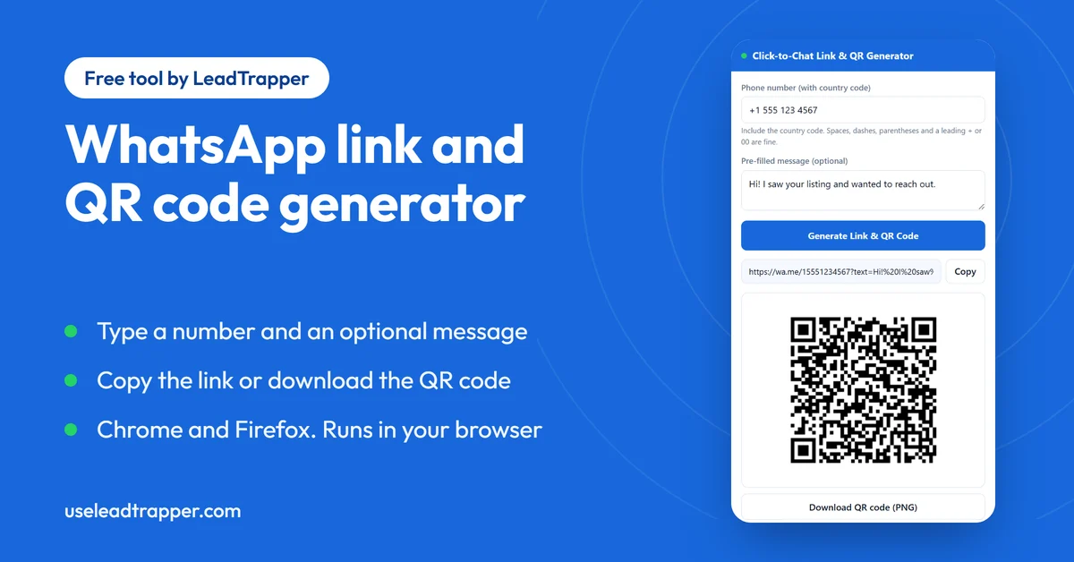 Click-to-Chat Link and QR Generator extension popup showing a wa.me WhatsApp link with a pre-filled message and its QR code