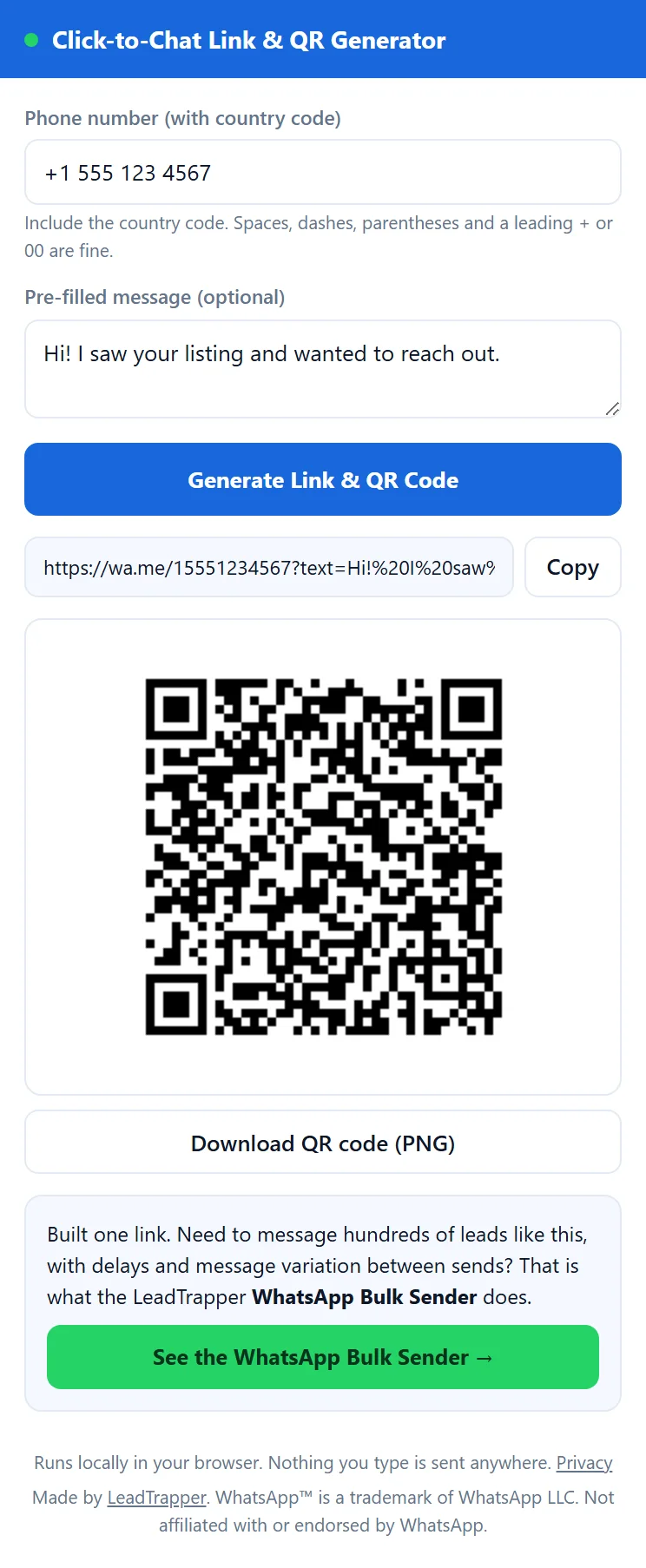 Click-to-Chat Link and QR Generator Chrome extension after pressing Generate, showing the wa.me link, Copy button and QR code