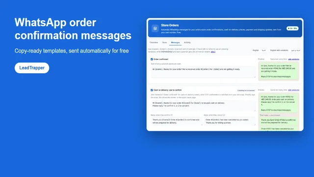 WhatsApp order confirmation message templates in LeadTrapper Store Orders with a live preview of the message the customer receives