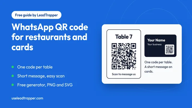 A printed table card with a WhatsApp QR code and the words Table 7 beside a business card carrying the same style of QR code