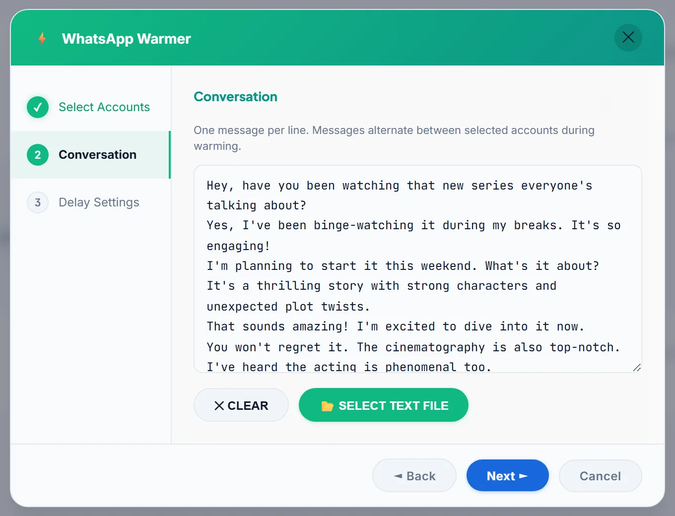 LeadTrapper WhatsApp Warmer wizard on the Conversation step: one message per line, alternating between the selected accounts, with steps for Select Accounts and Delay Settings