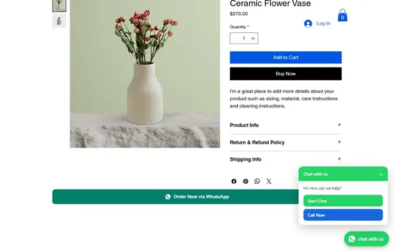 Wix product page with the green Order Now via WhatsApp button and the floating chat and call menu