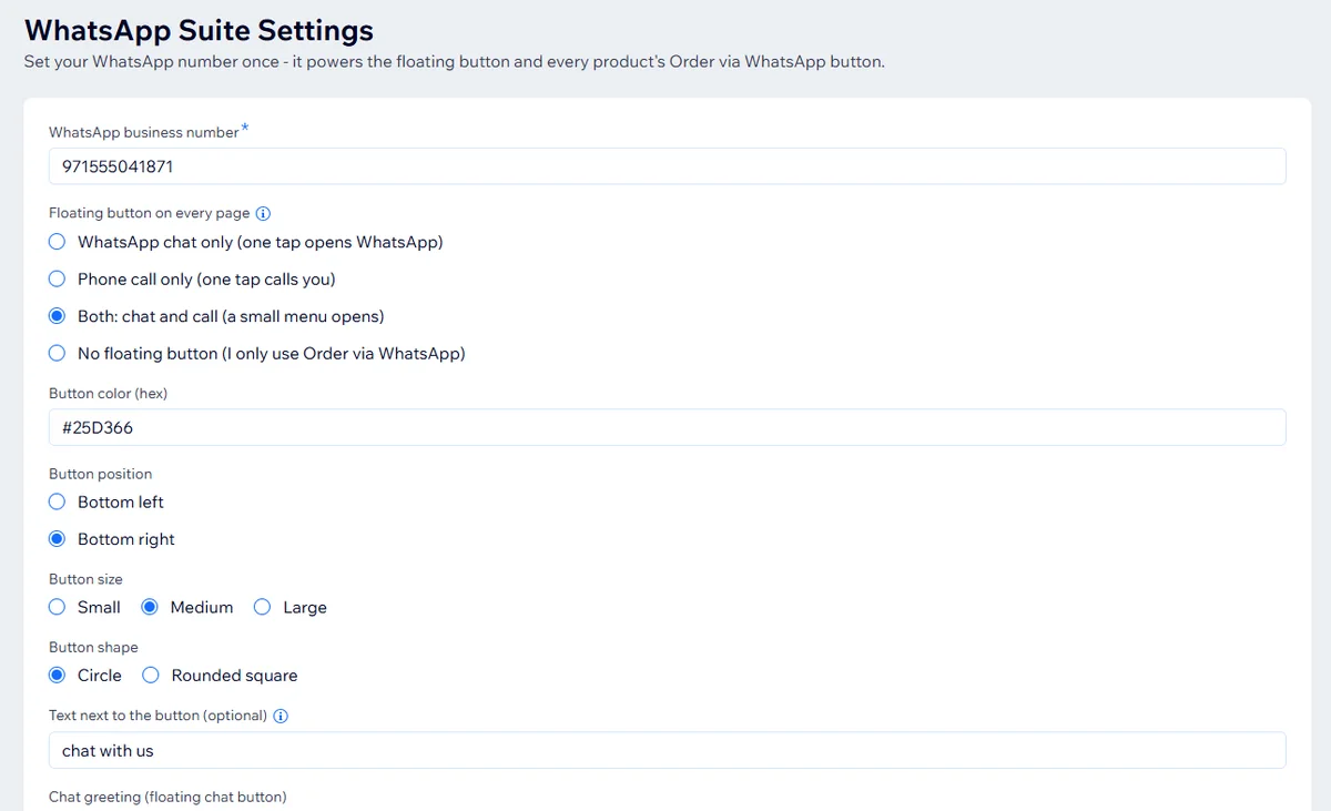 LeadTrapper WhatsApp Suite settings in the Wix dashboard: WhatsApp business number, floating button options, colour, position, greeting and order button text