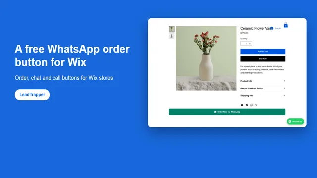 Wix product page with the free Order Now via WhatsApp button under Add to Cart and a floating chat with us button, from the LeadTrapper WhatsApp Suite app