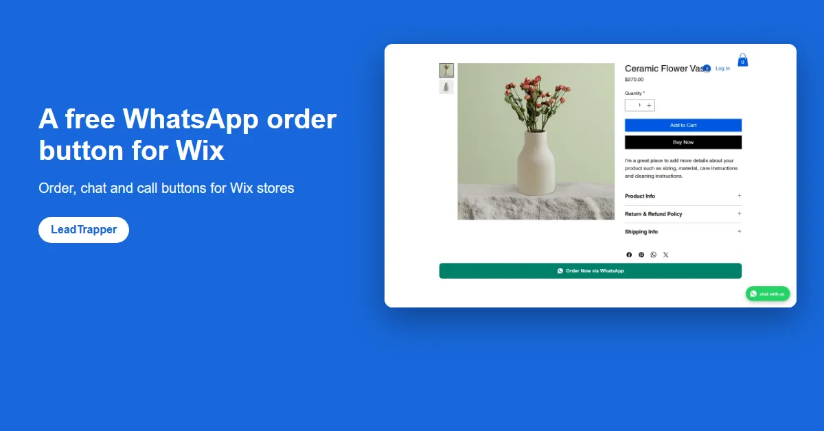 Wix product page with the free Order Now via WhatsApp button under Add to Cart and a floating chat with us button, from the LeadTrapper WhatsApp Suite app